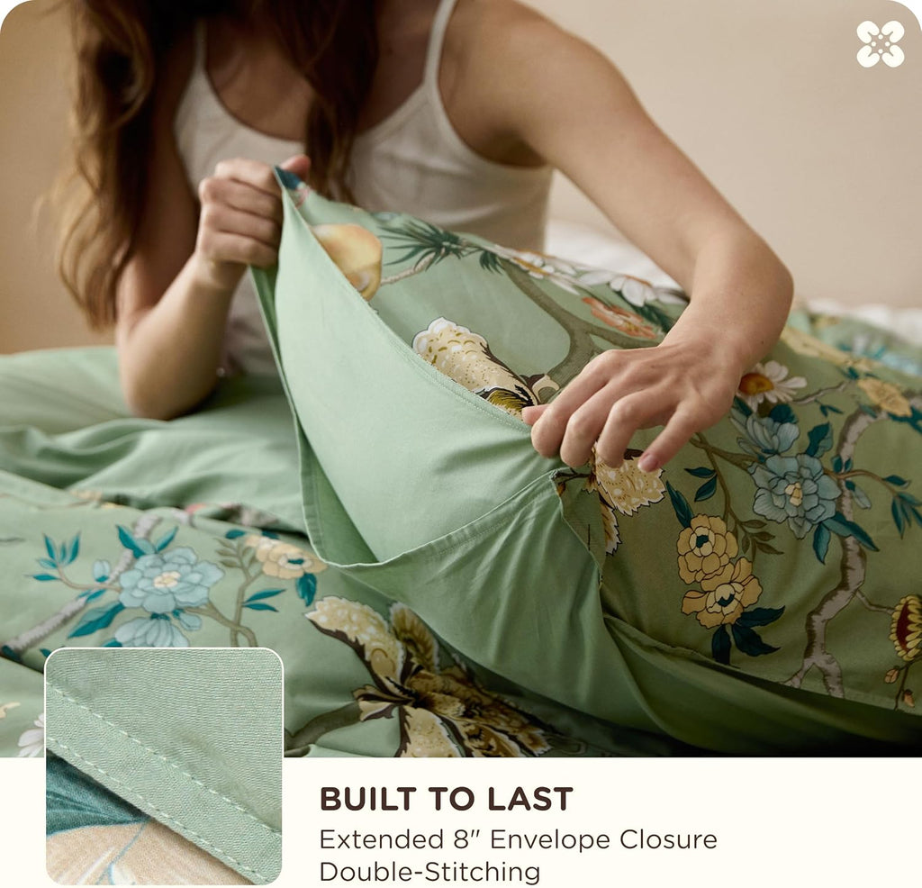 Floral Duvet Cover Queen - 100% Cotton Reversible Flowers and Birds Pattern Duvet Cover Set, 3 Pieces Soft &