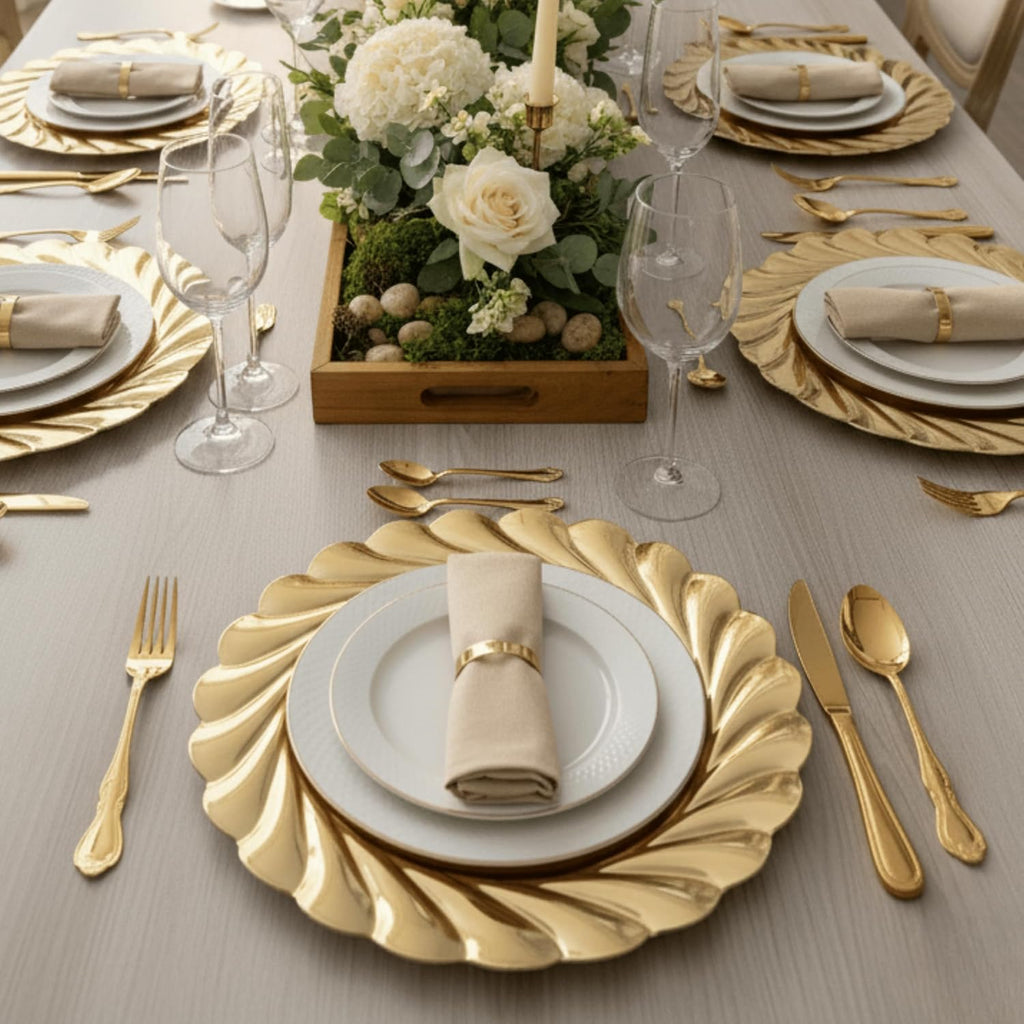 Gold Charger Plates, Swirl Wave Plate Chargers for Dinner Plate, Round Plastic Table Chargers - Set of 12
