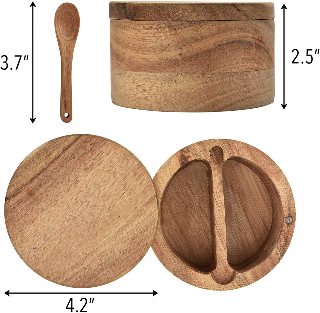 Acacia Wood Salt and Pepper Cellar with Swivel Magnetic Lid Serving Spoon inside 2-Compartment for Storing