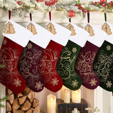 Velvet Christmas Stockings 6 Pack Large 20 Inches with Hanging Loop Embroidery Classic Luxury Family Ornament