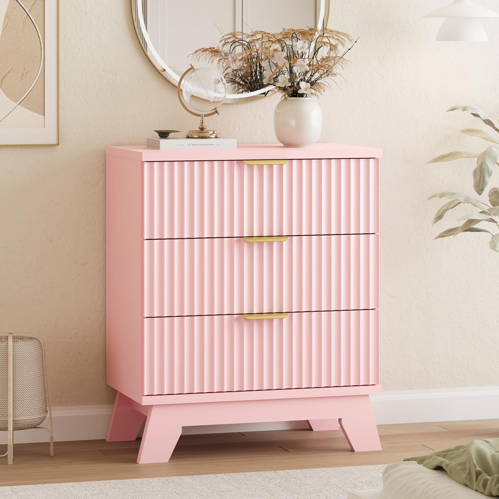 Fluted Dresser with 3 Drawers, 24" Wide Modern Chest of Drawers with Metal Handle, Wooden Dresser TV Stand, Wood