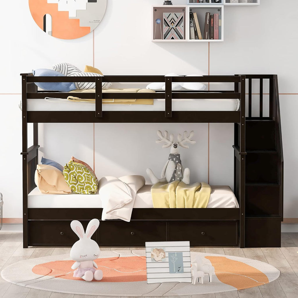 Wood Twin Over Twin Bunk Bed with Drawers and Stairs