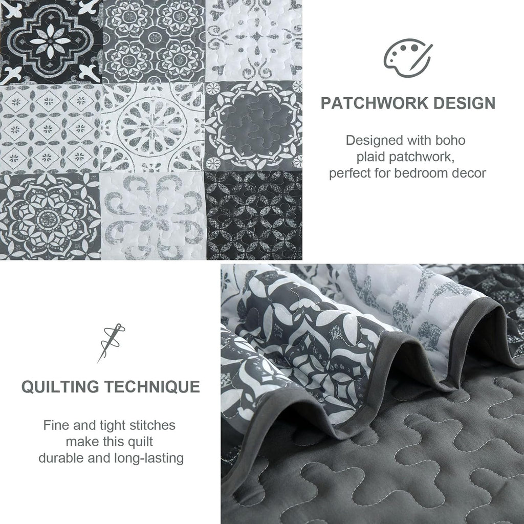 Grey Black Quilt Set Queen, Boho Plaid Patchwork Bedspreads Coverlet Set, 3 Pieces Soft Lightweight Microfiber