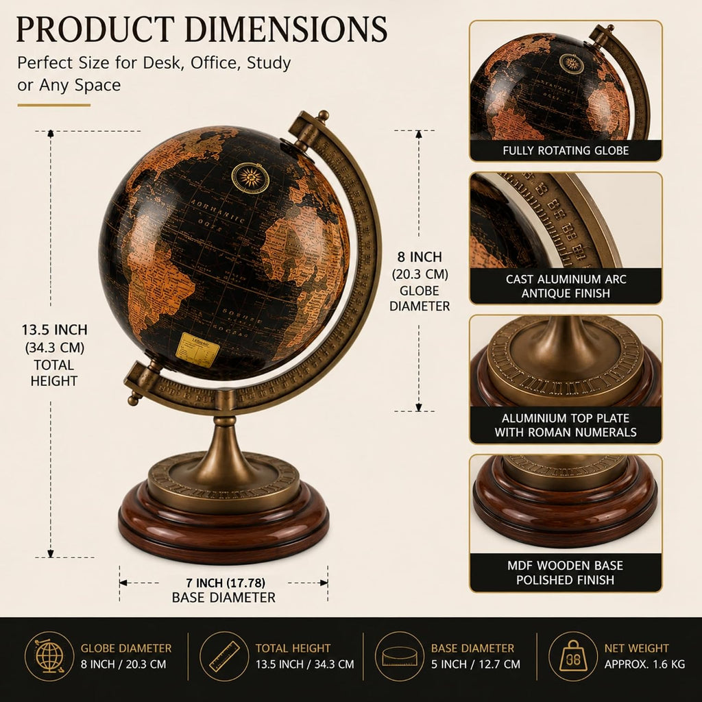 Antique-Style Decorative World Globe - Black and Gold Rotating Globe with Cast Aluminium Meridian and Wooden Base