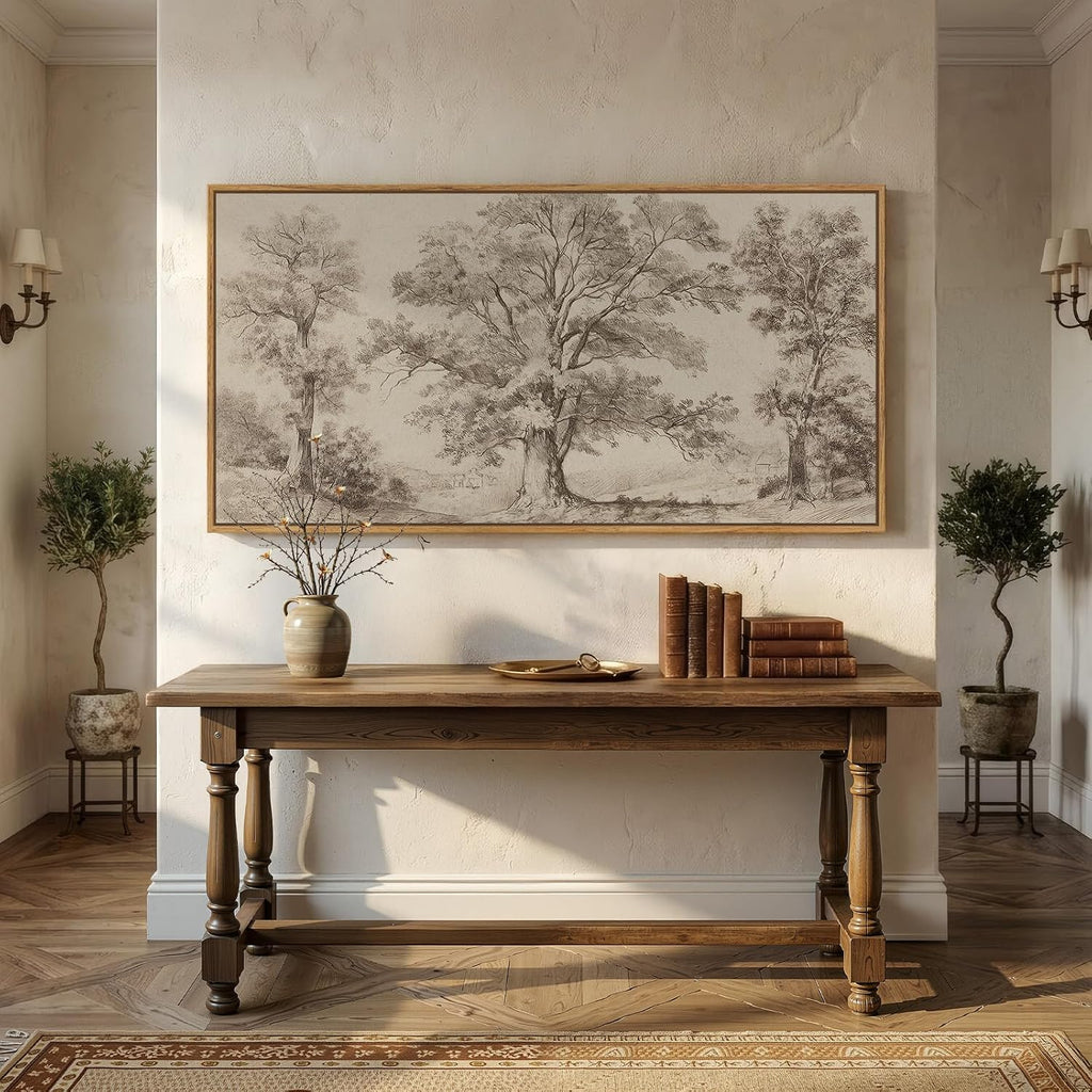 Framed Vintage Landscape Canvas Wall Art , Extra Large Horizontal Rustic Tree Botanical Picture Prints Paintings
