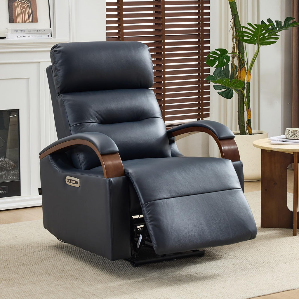 Triple-Motor Genuine Leather Zero Gravity Power Recliner, Dark Blue