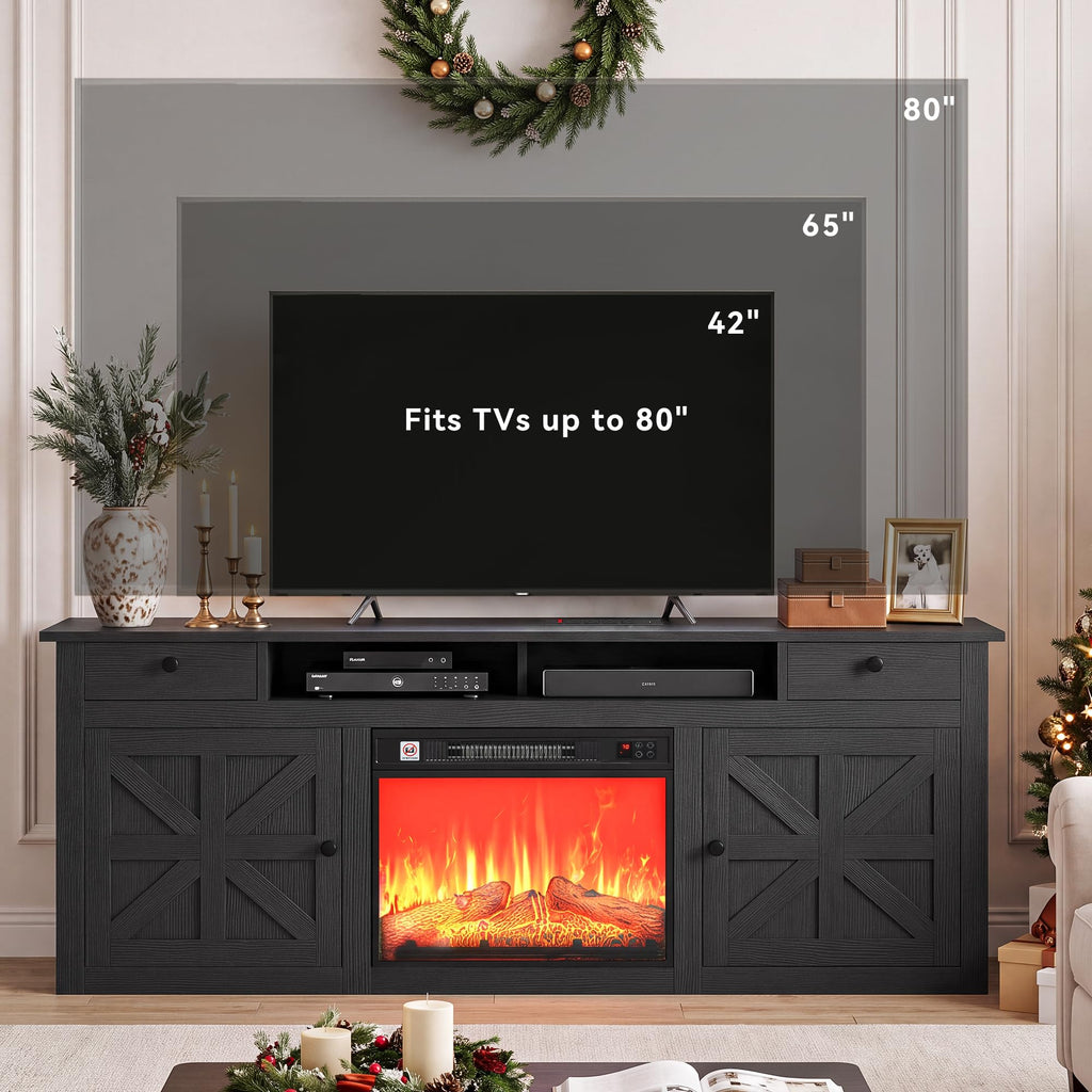 Farmhouse TV Stand with Fireplace for 75" TVs, Black