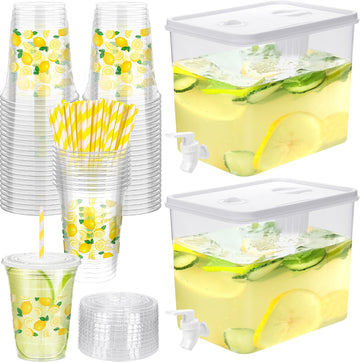 2.3 Gallon Lemonade Dispenser, Plastic Drink Dispenser with Spigot 50 Disposable 12 OZ Lemon Plastic Cups - Set of 2