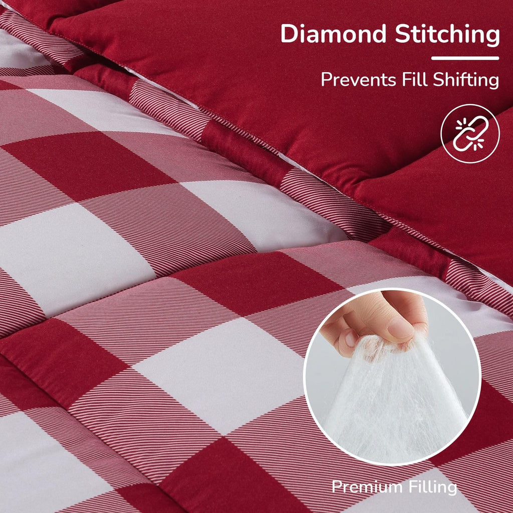 Lightweight Plaid Comforter Set with 2 Pillow Shams - 3-Piece Set - Red/White Plaid - Down Alternative