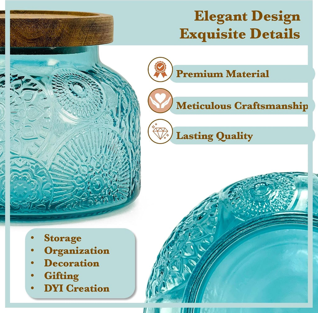 Decorative Blue Embossed Glass Jar with Airtight Wooden Lid, 25.4 fl. oz