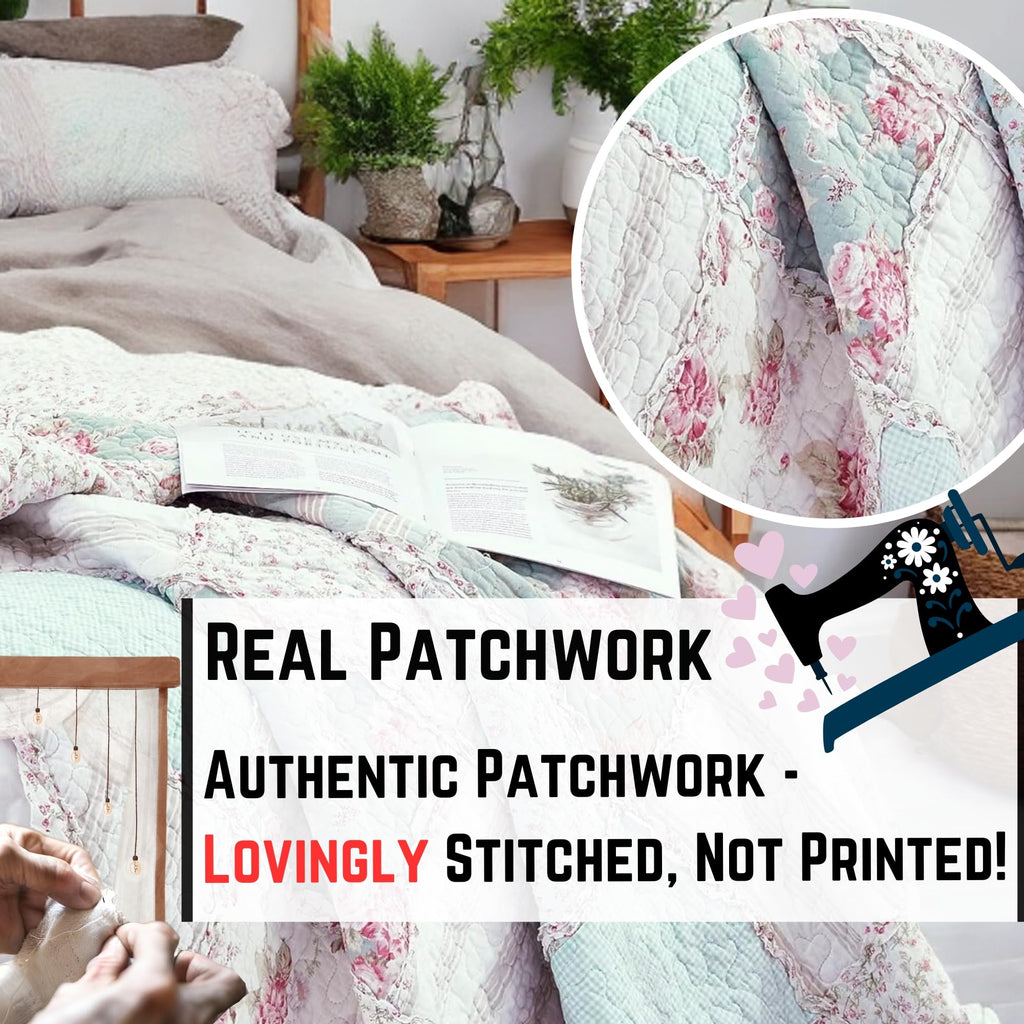 Cottage Floral Patchwork Bedspread Set - Hint of Mint Dainty Quilted Cotton Blooming Garden Botanical - Multi