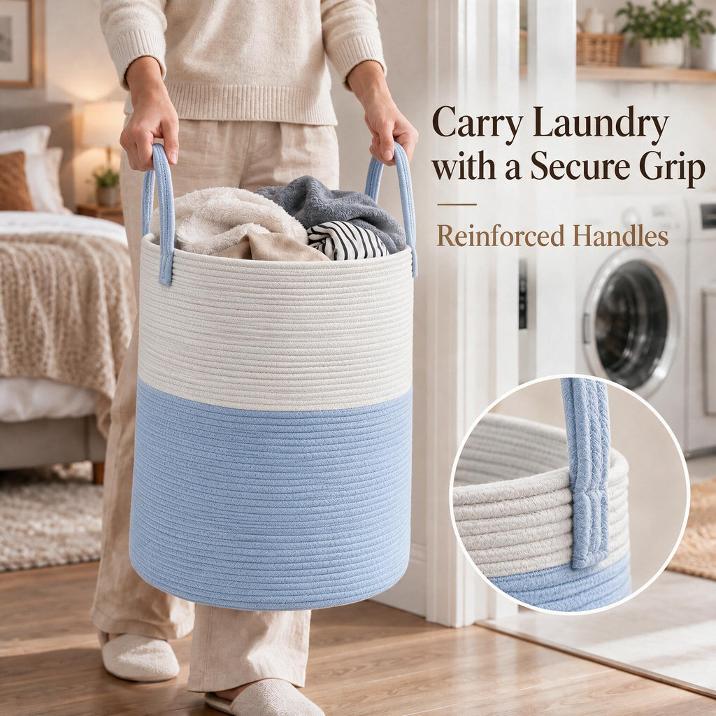Cotton Rope Laundry Basket Hamper, White & Blue