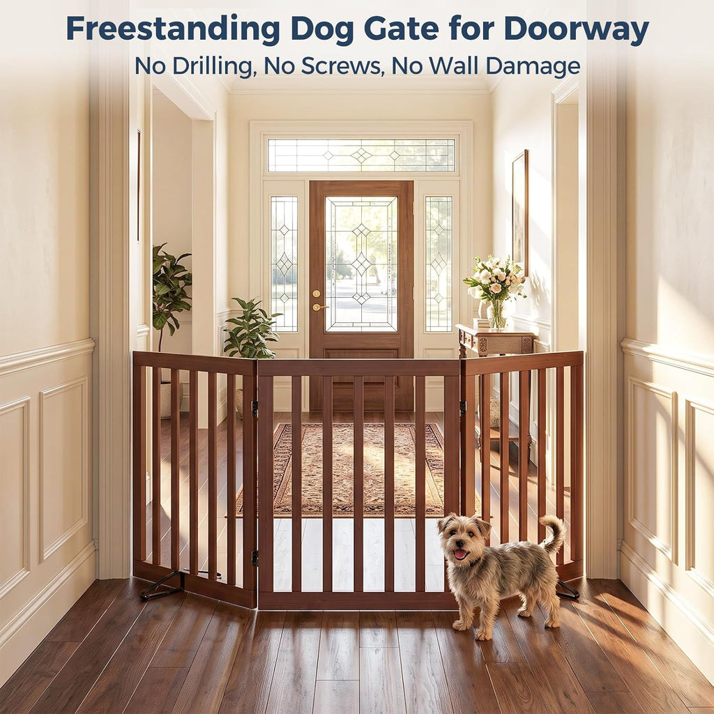 Dog Gate Indoor, Bamboo Freestanding Pet Gate, 24"H, Walnut