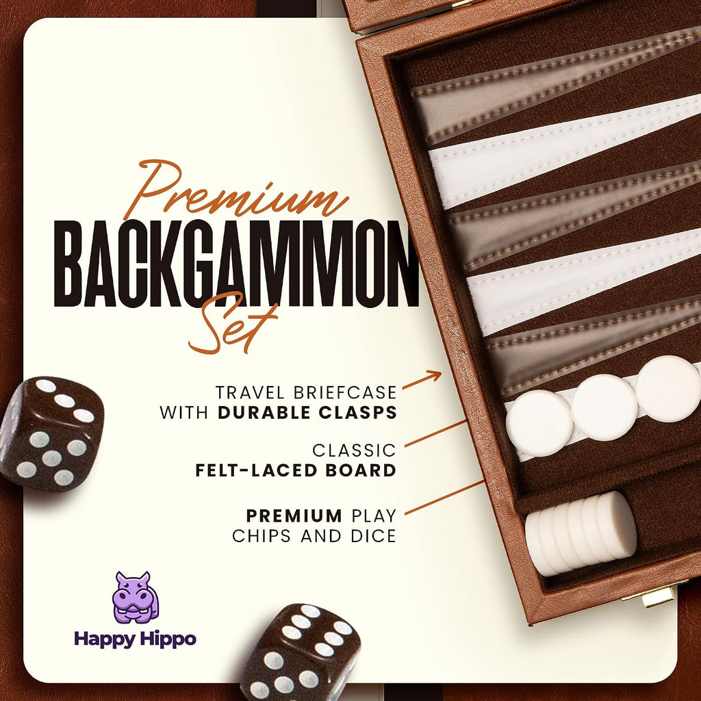 Backgammon Board Game, Deluxe Leather Like Case, Felt Interior, Brown, Classic Backgammon Game, Popular Board Game