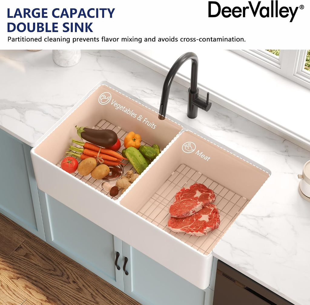 Double Bowl Workstation Kitchen Sink 36 Inch | Fireclay Deep Farmhouse Apron Front Kitchen Sinks, White Undermount