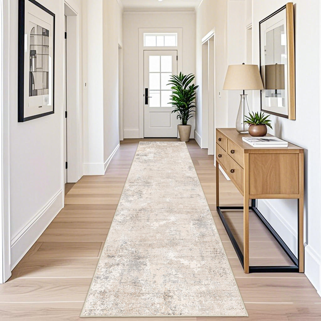 3x12 ft Washable Hallway Runner Rug - Long Non Slip Low Pile Thin Carpet Runners, Modern Abstract Neutral, Stain