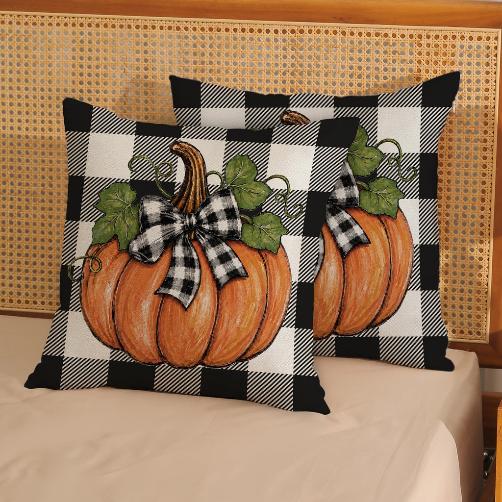 Fall Orange Pumpkin Buffalo Plaid Pillow Covers 20x20 Set of 2