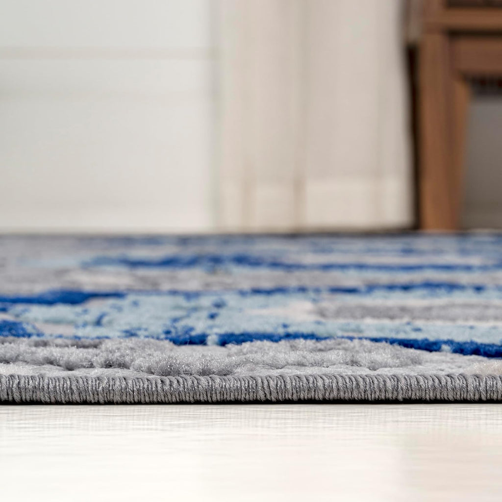 Mediterranean Medallion Indoor Outdoor Area Rug Blue/Gray, Boho for Backyard, Patio, Porch, Easy-Cleaning, High