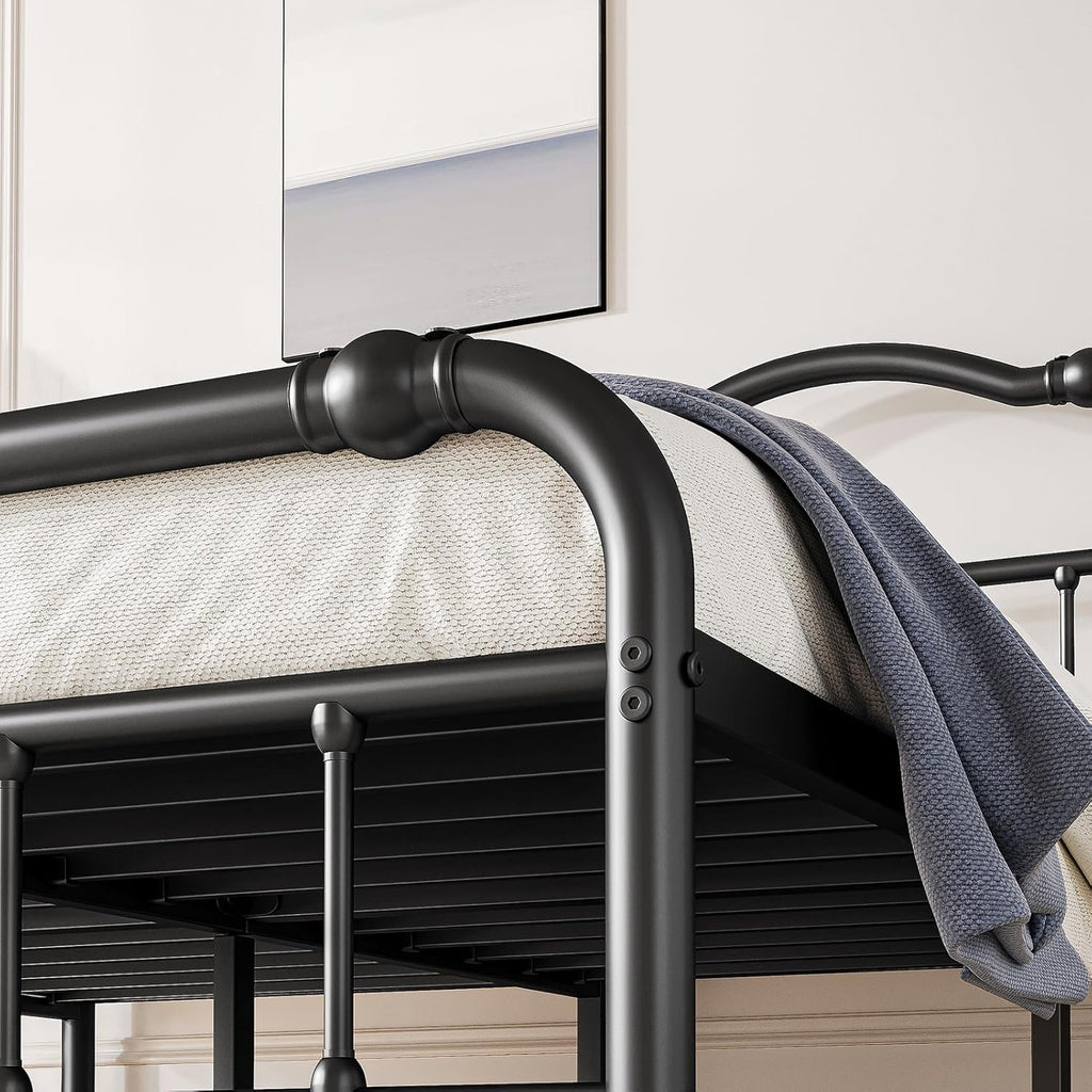 Victorian Style Metal Bed Frame, 18 Inch High Heavy Duty Platform with Spindle Headboard and Footboard