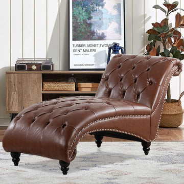Modern Leather Lounge Chair with Nailhead Trim, Elegant Living Room Lounge Chair for Indoor Bedroom, Button Tufting