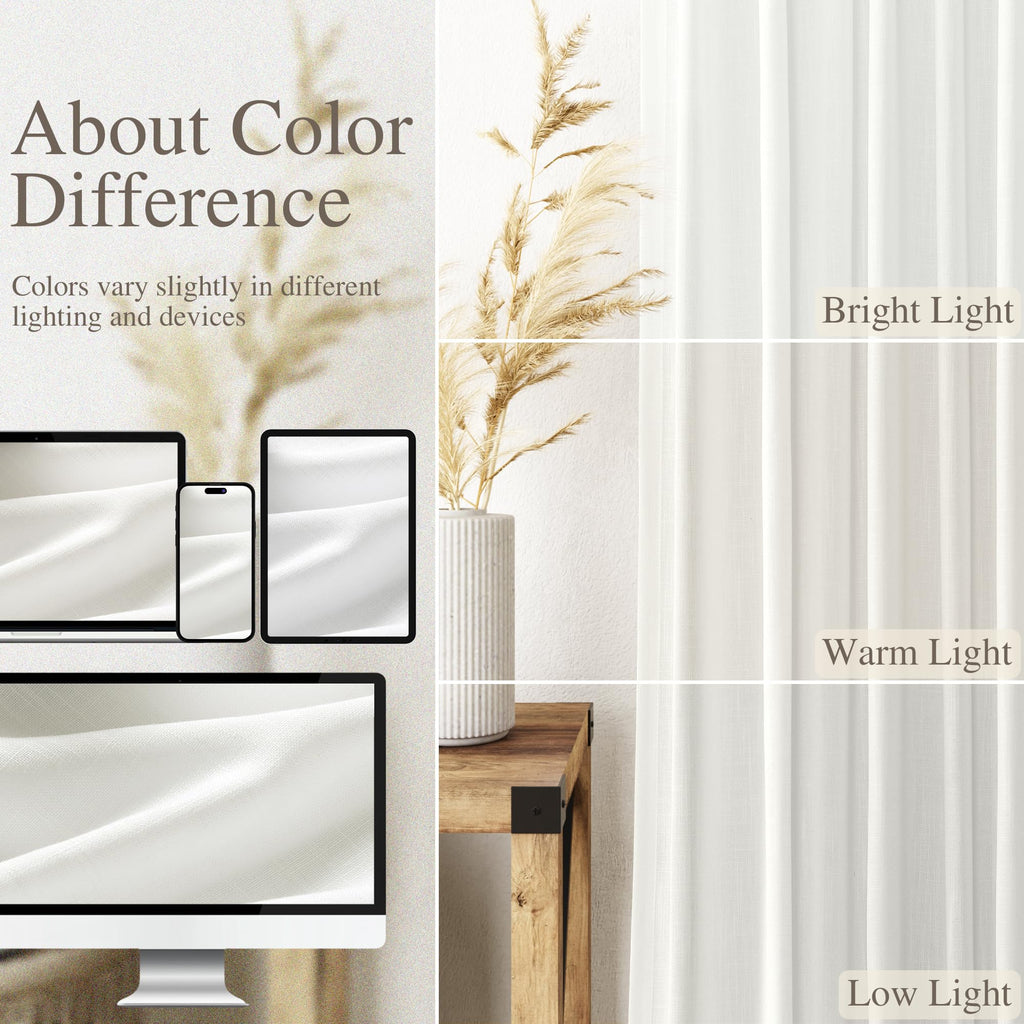 Ivory Linen Blend Light Filtering Curtains 86 Inch Length 2 Panel Set Pocket Back Tab Privacy Semi Sheer Decorative