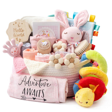 Baby Shower Gifts for Girls, 24 Piece Deluxe Baby Shower Gift Basket - Baby Girl Gift Basket with Swaddle, Rattle