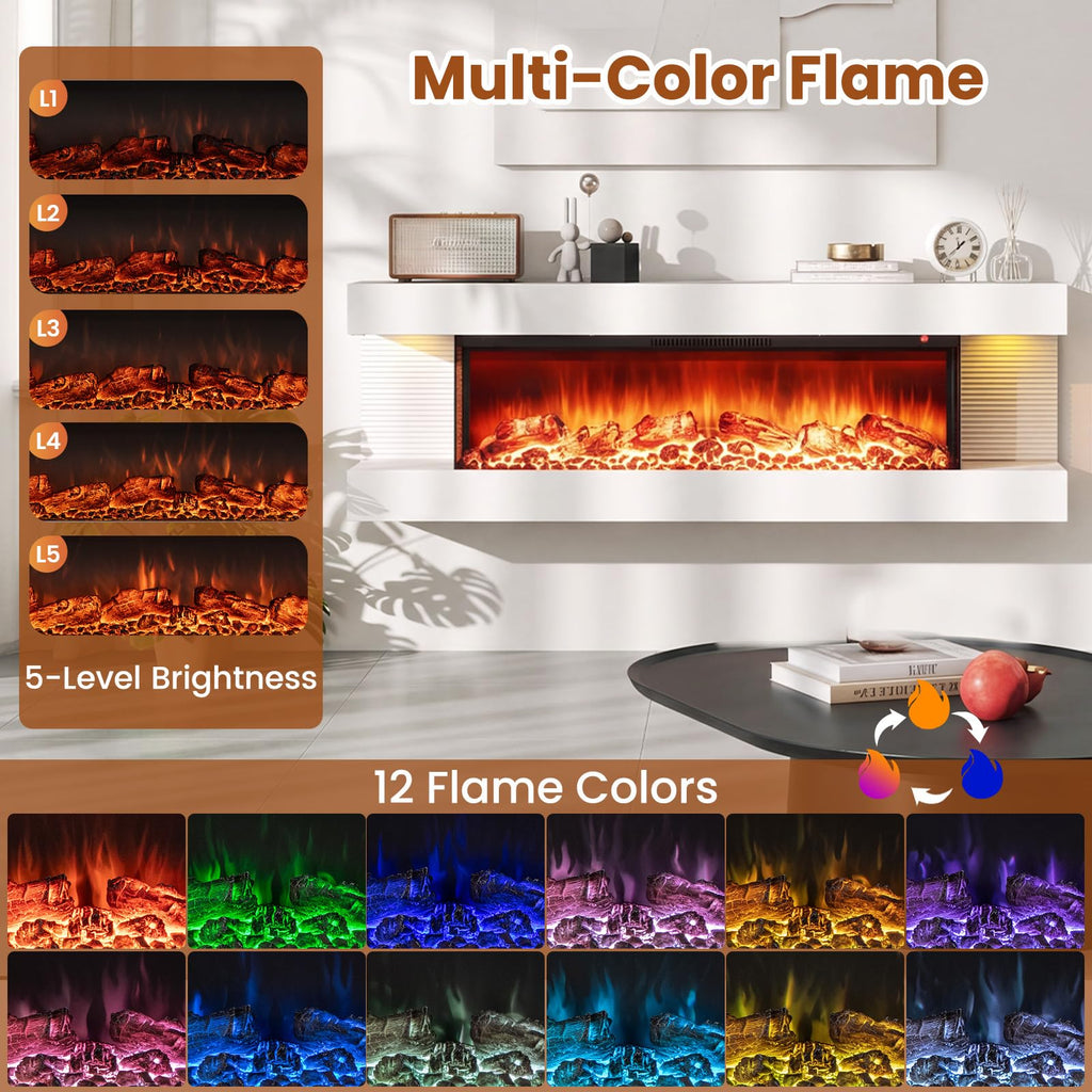 3 Sided Wall Mount Electric Fireplace w/ 50" Floating Mantel, White