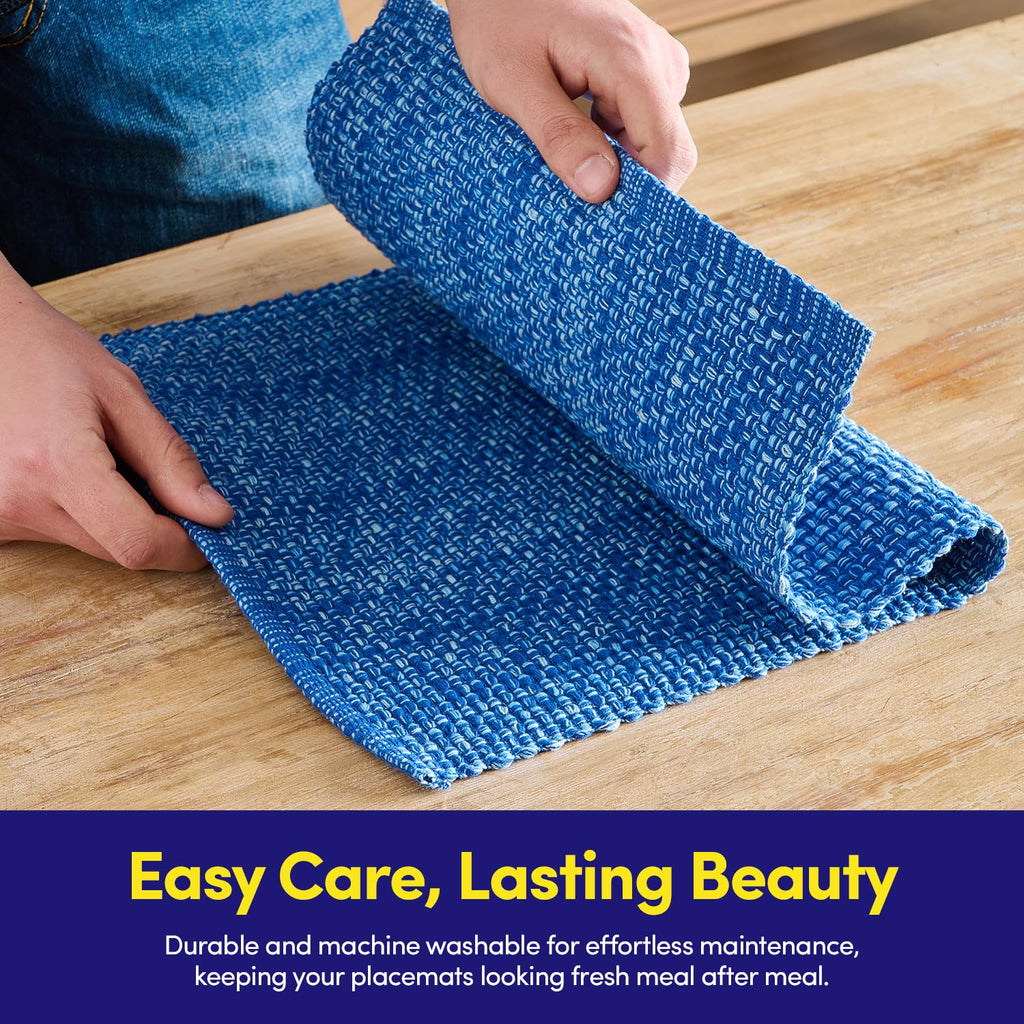 100% Cotton Placemats Rectangle Two Tone Woven Fabric 13" x 19" Soft Durable Table Mat Set, Set of 6, Dark Blue