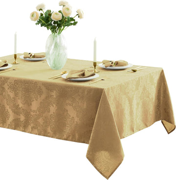 Barcelona Damask Fabric Tablecloth, 60 x 120 Inch Rectangle, Gold - No Iron, Soil Resistant Table Co