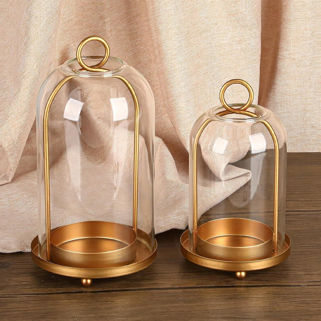 Vintage Brass Metal Candle Lantern with Thick Glass Dome - Set of 2 Shabby Chic Style Candle Holders (5.25"x10" &