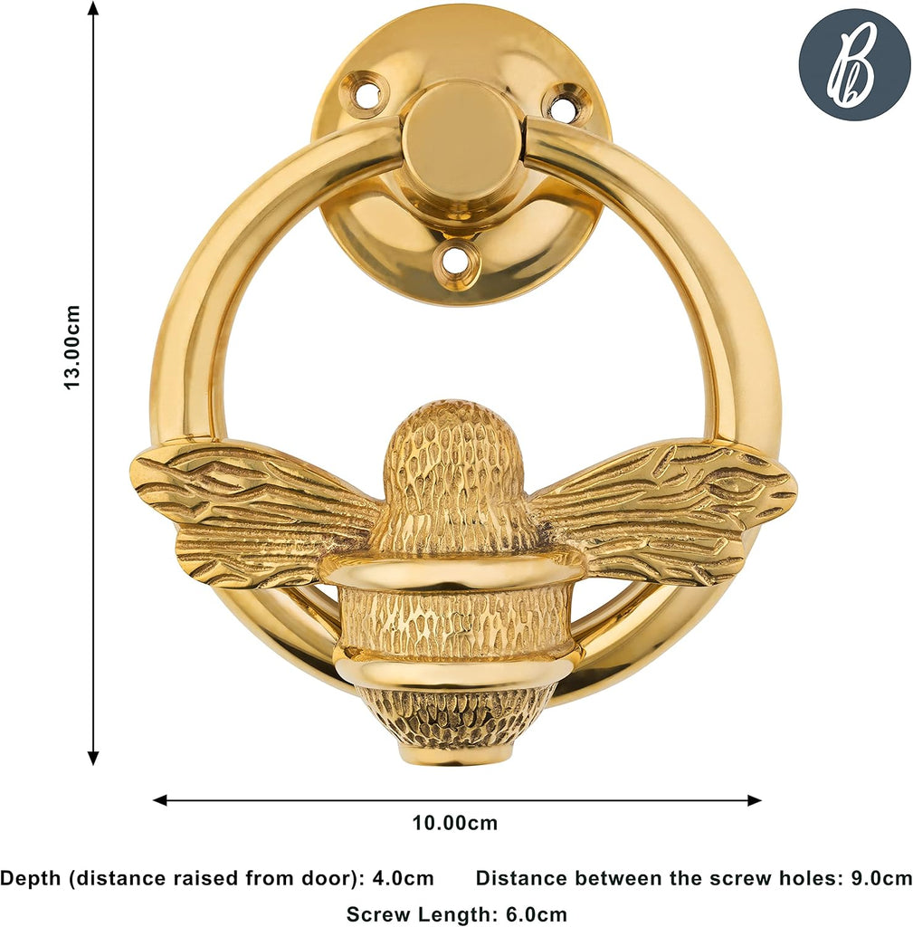 Gold Bee Door Knocker | Polished Solid Brass Bee Ring | Gold Brass Knockers with Strike Plate | UPVC | Bumblebee