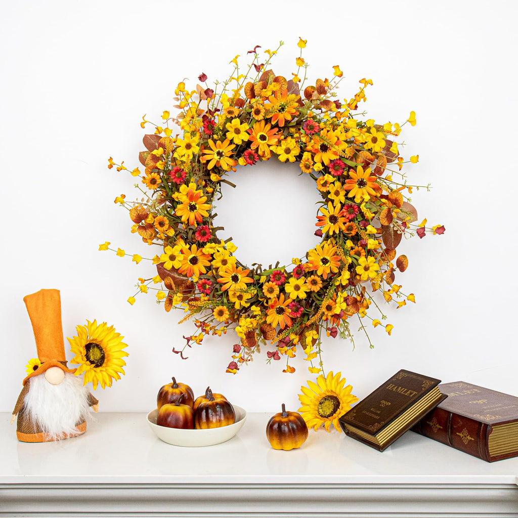 Fall Wreaths for Front Door 22 Inch Artificial Fall Wreath Orange Autumn Wreath with Berries and Eucalyptus Leaves