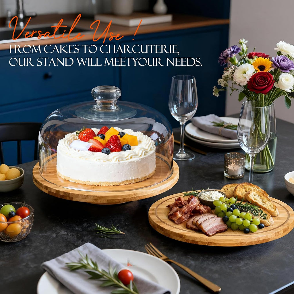 Rotating Bamboo Cake Stand with Shatterproof Acrylic Dome,11.8in