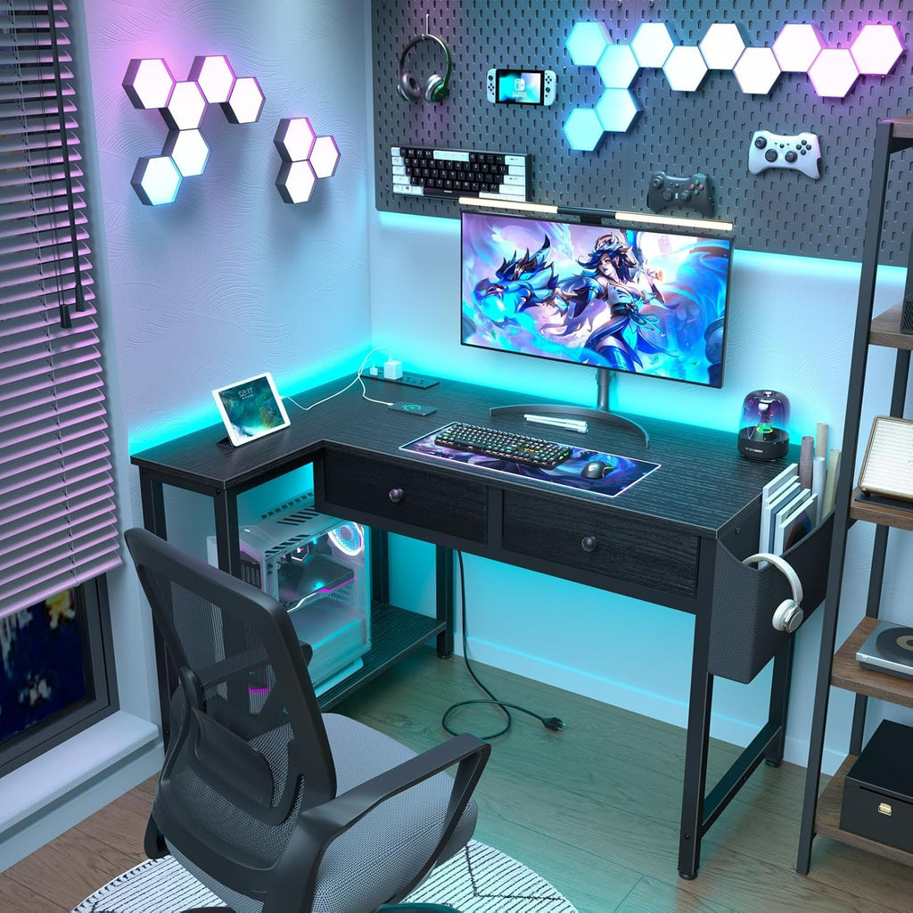 Black Corner Desk for Small Space with Drawers, Reversible Gaming L Shaped Computer Desk with Storage Shelves for