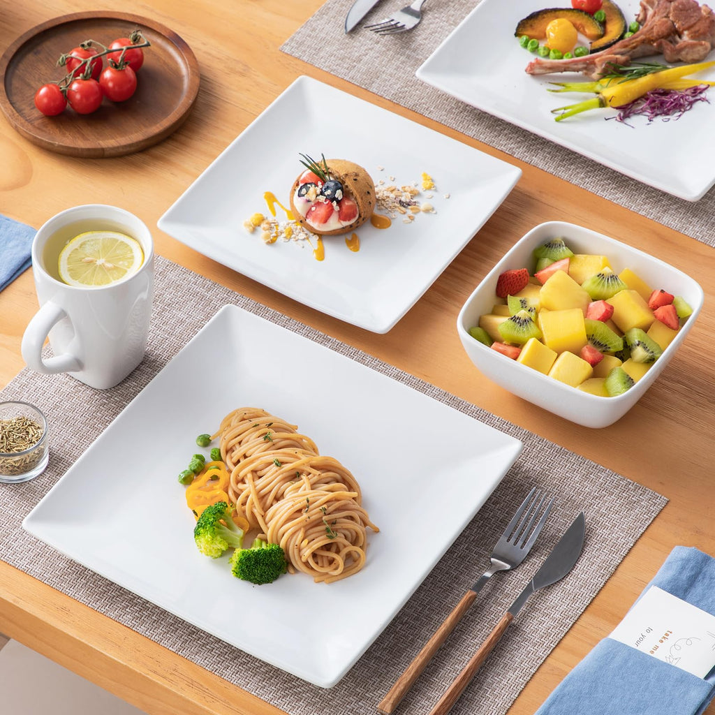 Soho Dinnerware Sets 24 Pieces, White Stoneware Square Place Setting, Dinner Plate, Dessert Plate, Cups and Plates