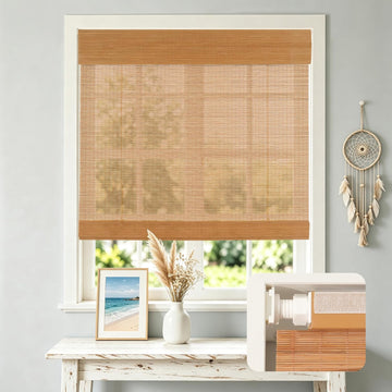 No Drill Cordless Bamboo Roman Shades with Matching Valance, Light Filtering Natural Woven Roll Up Blinds, and