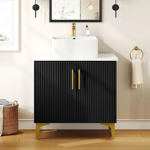 30 Inch Bathroom Vanity with Vacuum Forming, Freestanding Storage Cabinet Vanity with Engineered White Stone Countertop, 2 Large Soft Closing Doors with Shelf, Gold Handles & Legs, Black A133-B0FDQFJ6M2