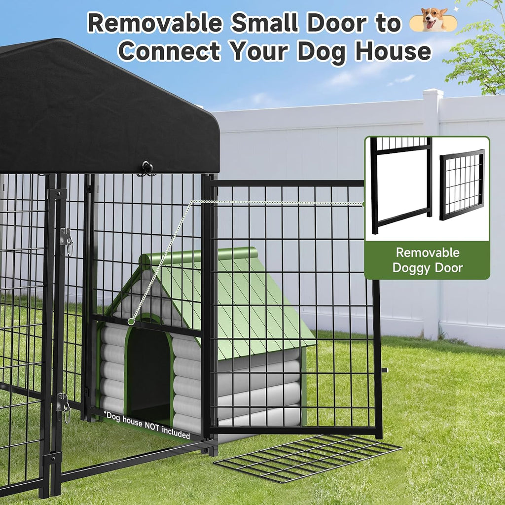 Dog Kennel Outdoor, Outside Dog Kennel with Roof & Removable Doggy Door Allow Connecting Your Dog House, Square Pet