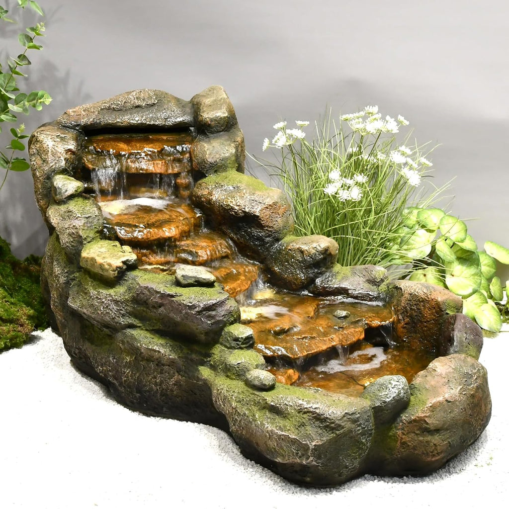 42.1" L Garden Water Fountain Outdoor, Floor Standing Mutiply Tiered Rock Outdoor Fountains with LED Lights and Pumps
