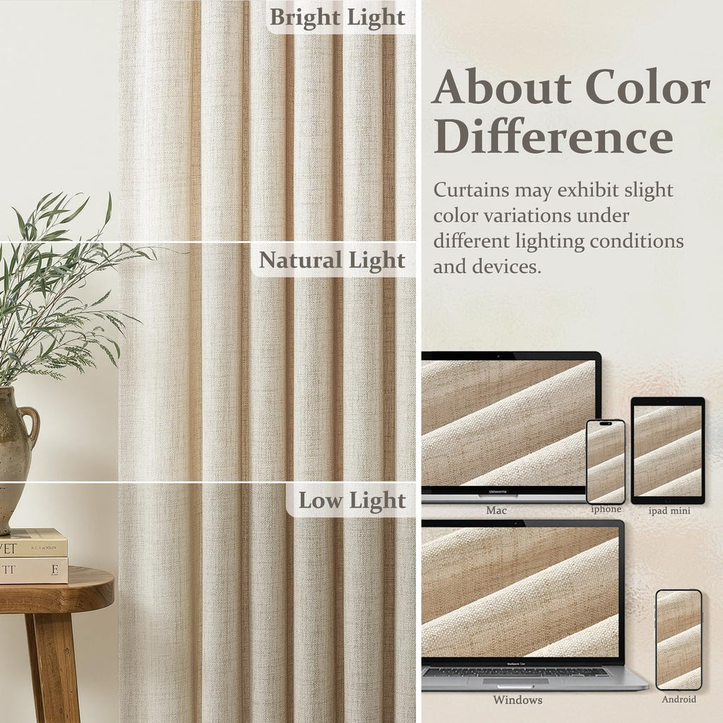 Pinch Pleated Natural Short Kitchen Windows Curtains 63 Inch Length 2 Panels Set, Memory Trained Flax Linen Semi
