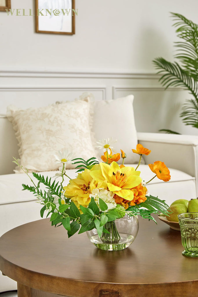 Artificial in Glass Vase for Dining Table Decor, Tropical Orange Orchid Flowers Bouquet Arrangement with Faux Water