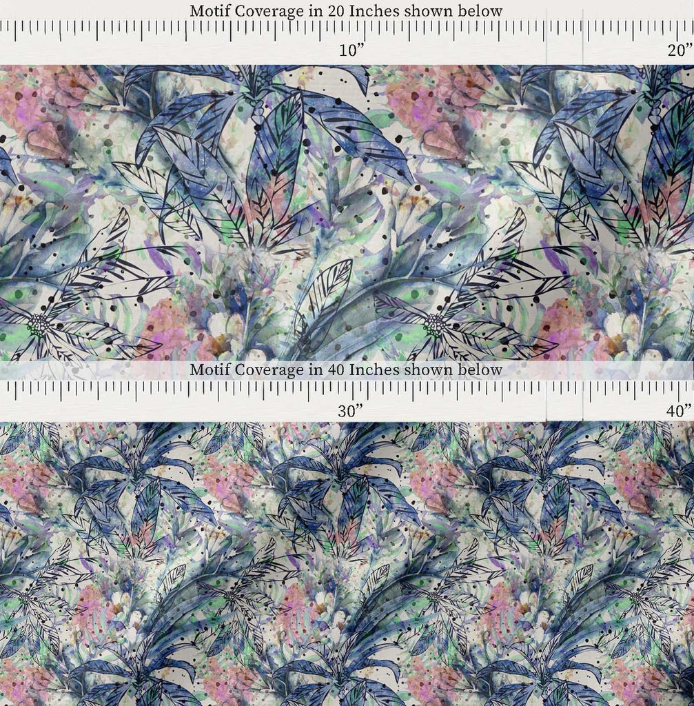 Cotton Voile Blue Fabric - by The Yard - 56 Inch Wide - Flower & Leaves Watercolor Palette Material - Botanical and