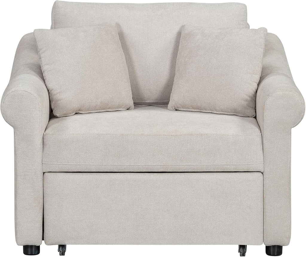 Convertible Sleeper Chair with Adjustable Backrest and Pillows, 3-in-1 Chenille Lounge Chair to Single Bed, Living