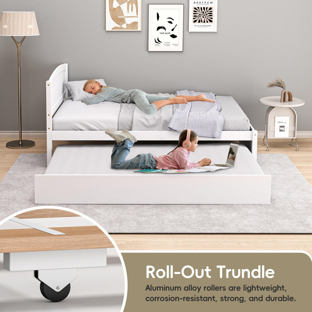 Twin Trundle Bed, Solid Wooden Pull Out Bedframe, Extendable Day Bed with Headboard and Soild Wood Slats Support