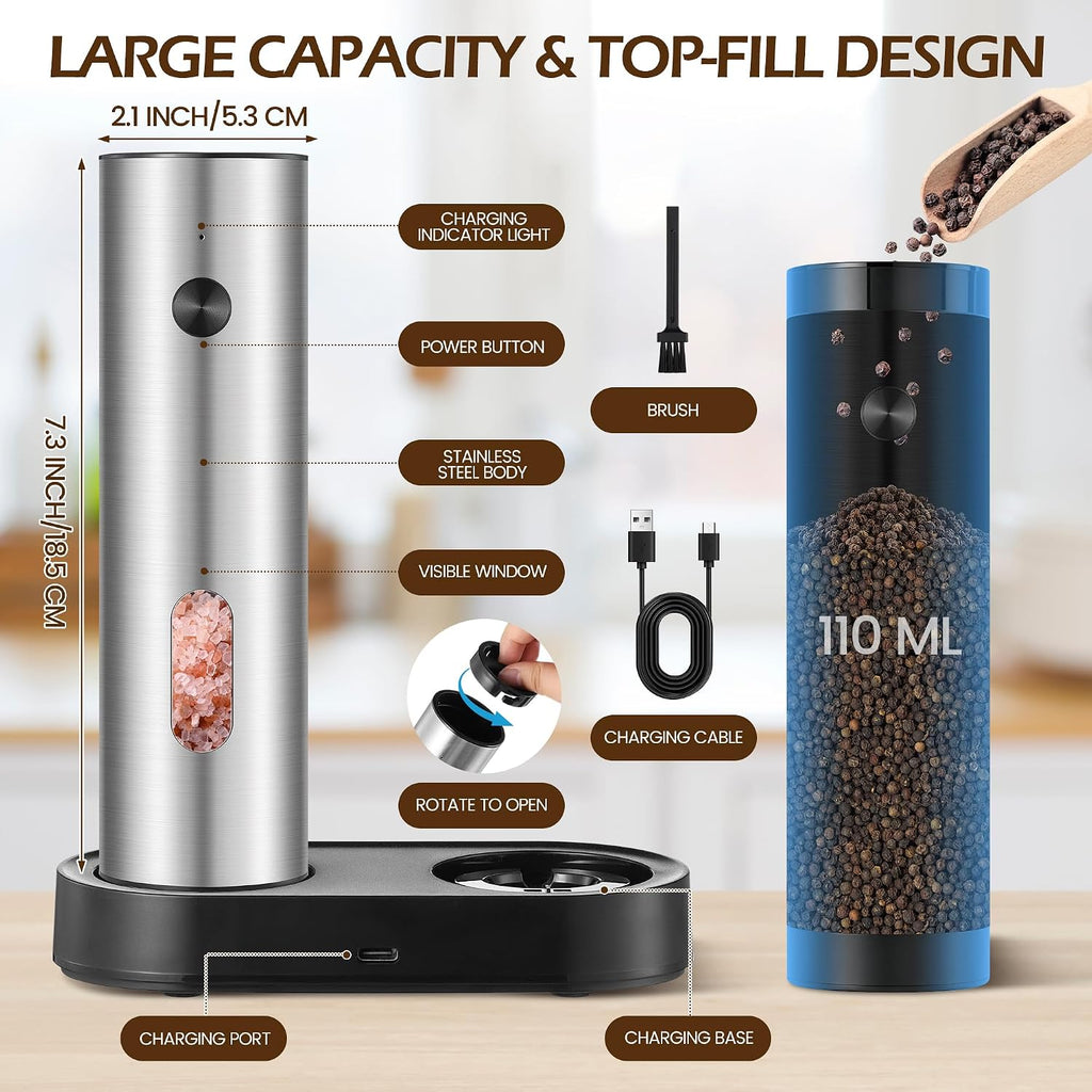Electric Salt and Pepper Grinder Set, 110 ml Rechargeable Automatic Salt and Pepper Shakers with Adjustable - Set of 6
