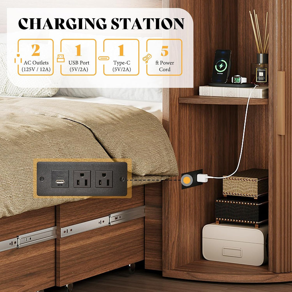 Full Murphy Bed with Storage Bedside Shelves & Sliding Tambour Door, Modern Cabinet Bed with Charging Station &