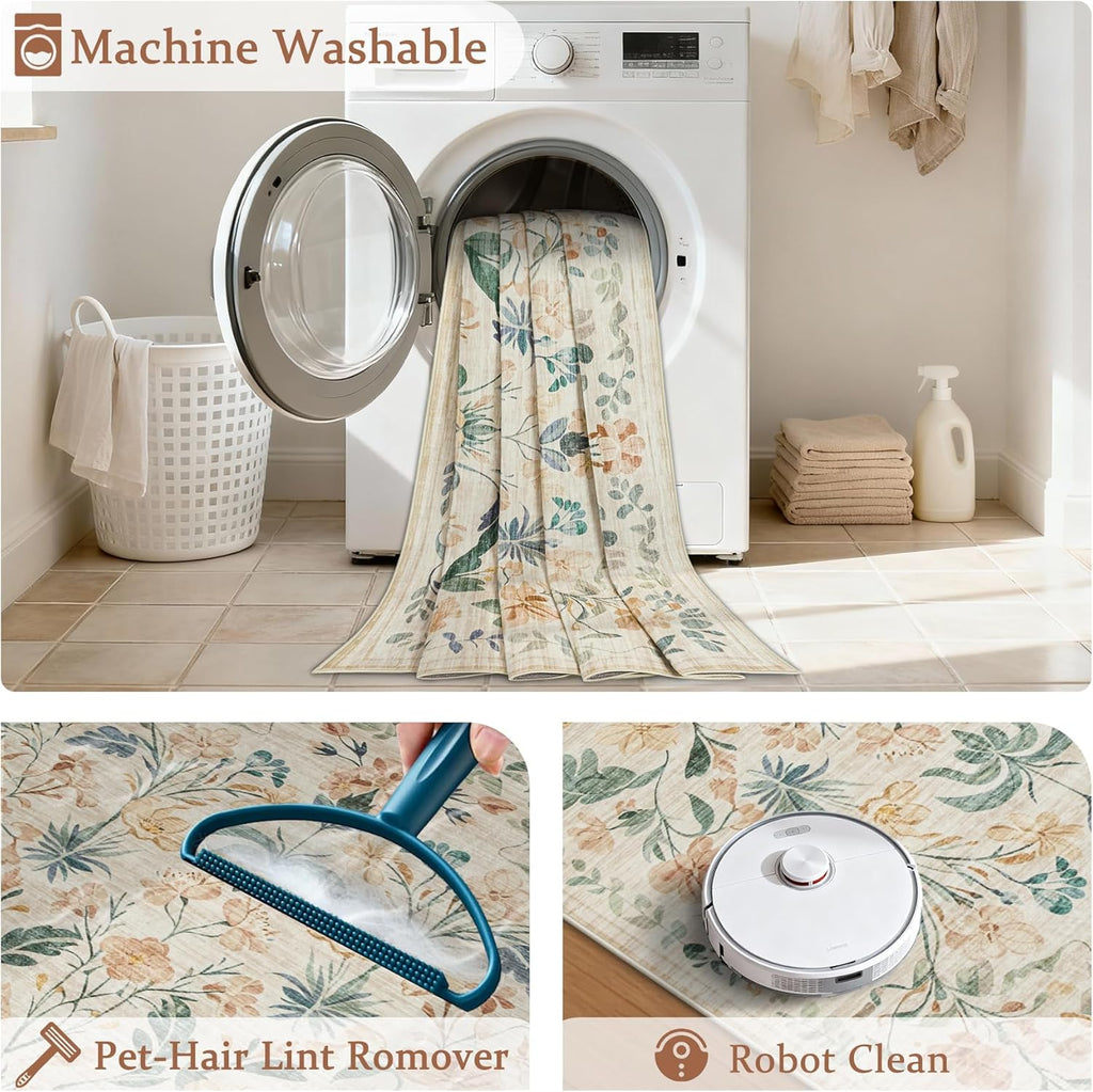 5x7 Area Rugs Boho Floral Washable Living Room Rug Neutral Carpet Nursery