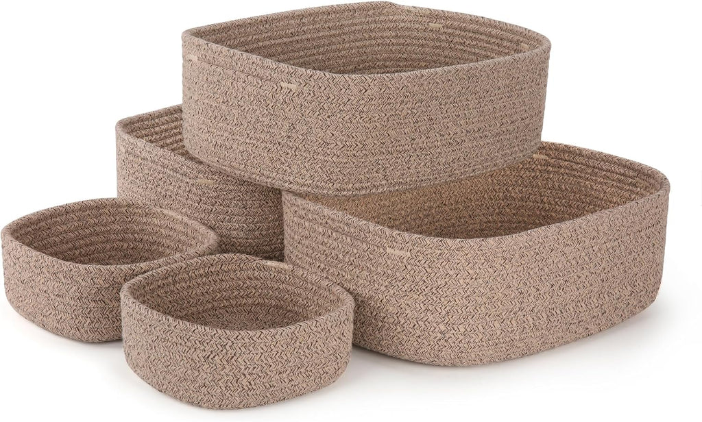 5-Pack Large Woven Rope Storage Baskets, 2 Sizes Organizer Bins | Fabric Cube Boxes and Rectangular Shallow Bins for