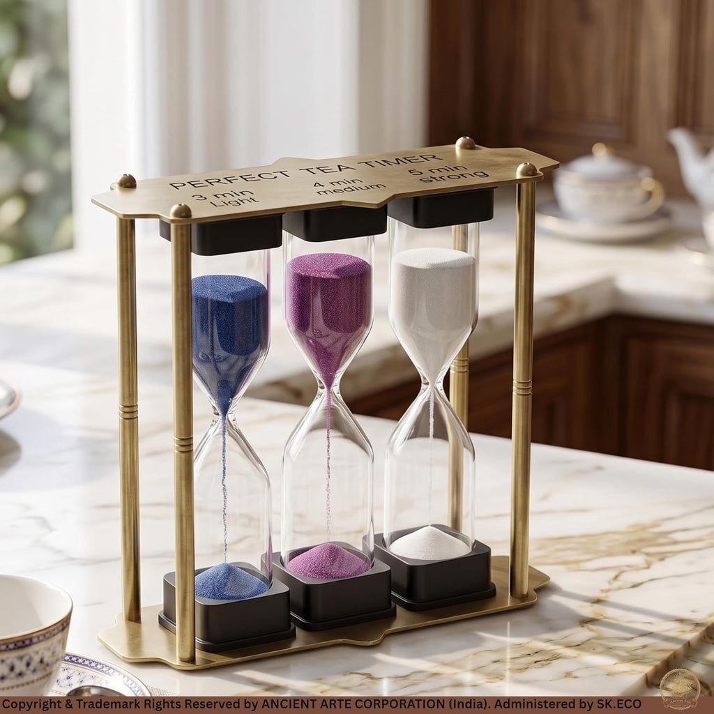 Sand Timer Hourglass Set with Blue Purple White Sand, Brass-Tone Metal Frame, Multiple Timing Options, 4.6 Inch - Set of 3