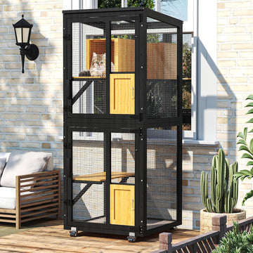 4 Tiers Catio Outdoor Cat Enclosure, Indoor Cat House with 4 Wheels, Black